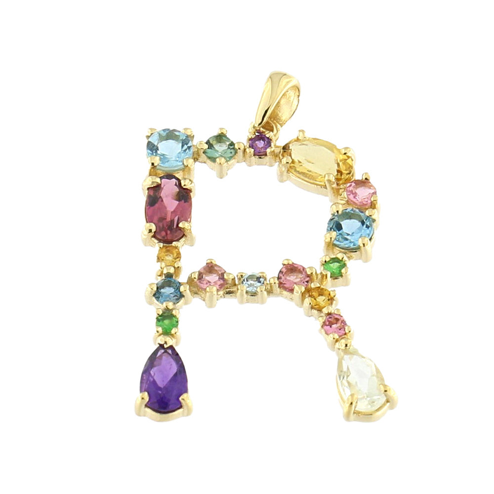 R-shaped pendant with gemstones