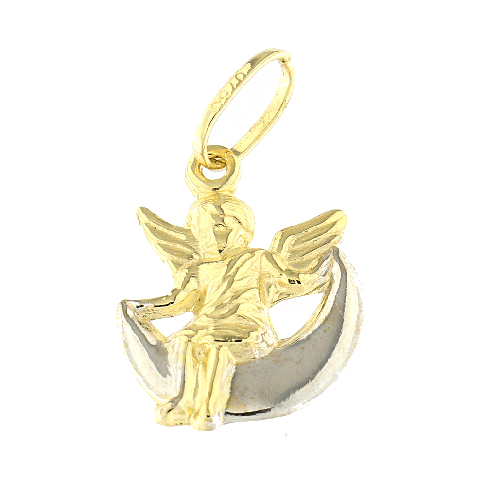 Angel pendant in yellow gold and moon in white gold