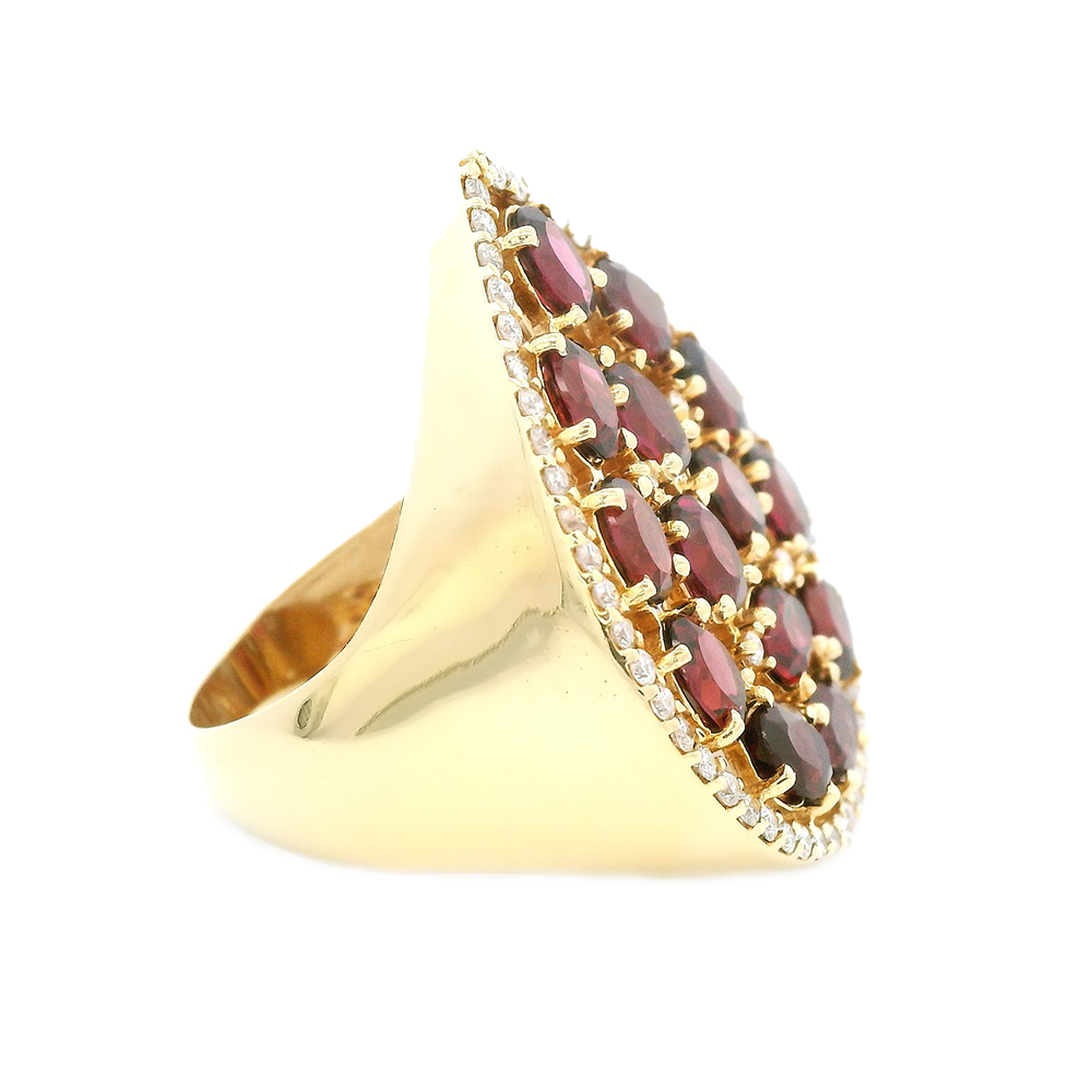 Gold Ring with Diamonds and Rhodolites