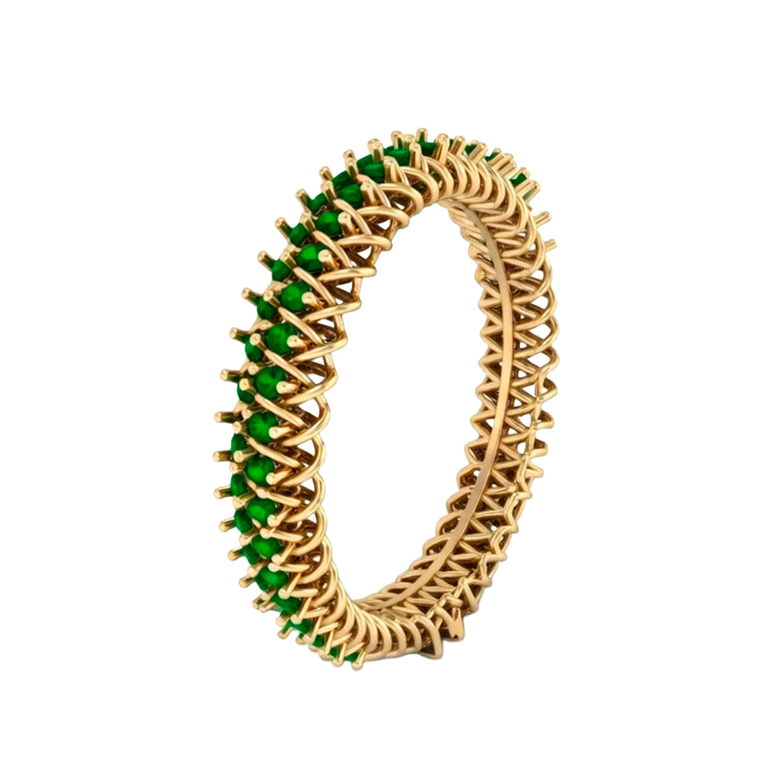 18K Gold Band Ring with Emeralds and Polished Weave
