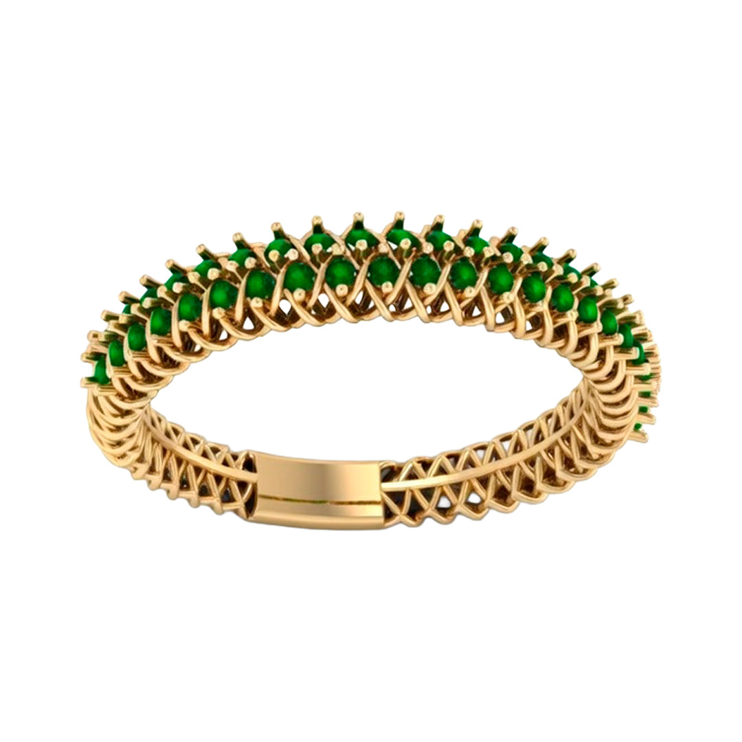 18K Gold Band Ring with Emeralds and Polished Weave