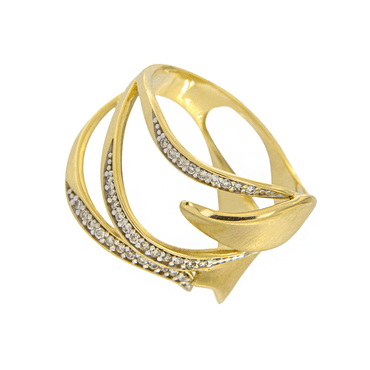 Anillo de Oro con Diseño de Hojas y 3 Líneas de Diamantes